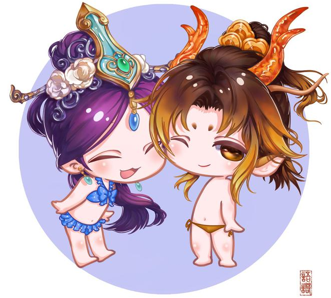 大话西游手游:清凉夏日系列 玩家手绘q版玄剑娥cp展示