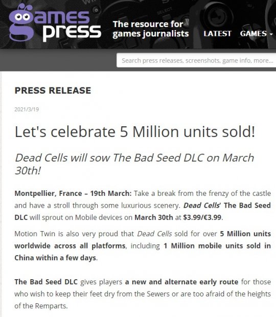 《死亡细胞》销量达500万 国区移动平台几天内突破百万