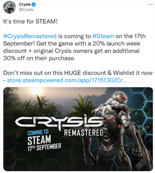 《孤岛危机：复刻版》发售日确定 9月17日登录Steam