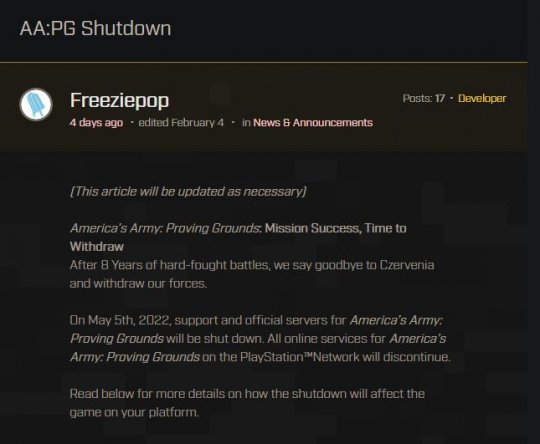 官方征兵游戏《美国陆军》将于今年5月正式关服